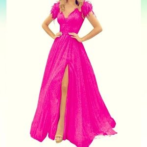 Corset Back Hot Pink Long Sequins Feather Straps Formal Wedding Dress With Slit